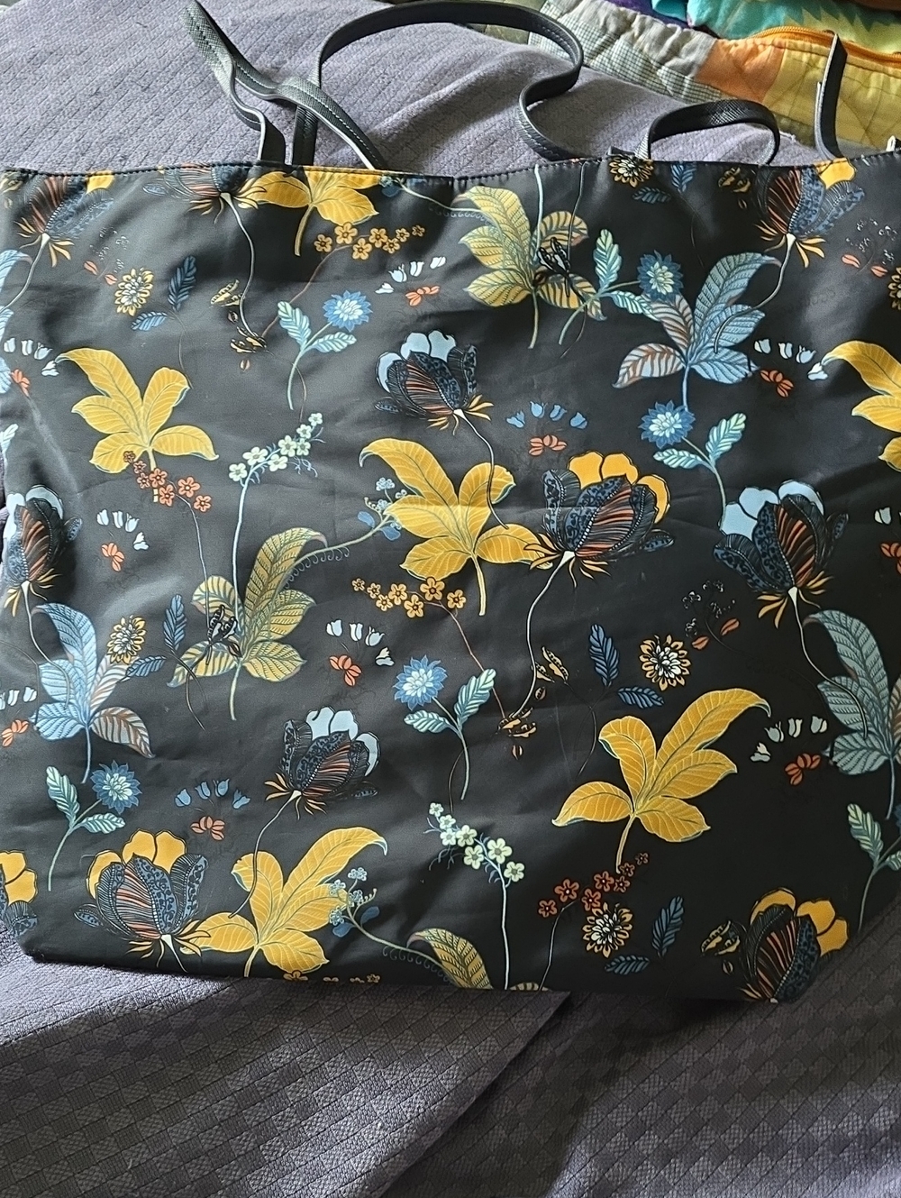 Black Floral Tote Bag with Yellow & Blue Accents